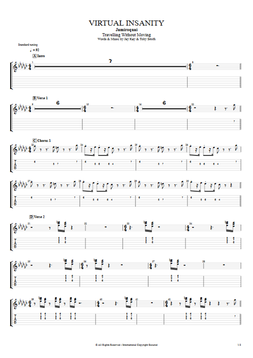 Virtual Insanity Jamiroquai guitar pro tab EGuitarII Full Score mysongbook