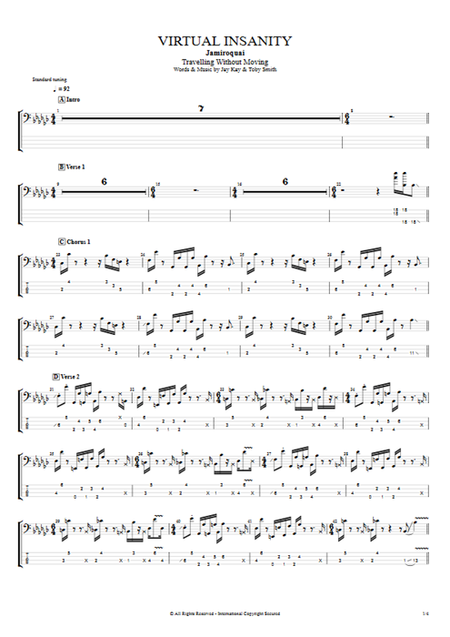 Virtual Insanity Jamiroquai guitar pro tab EBass Full Score mysongbook