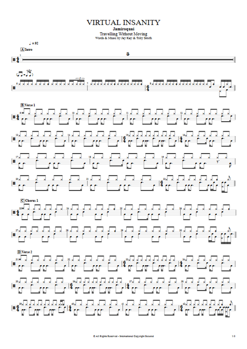 Virtual Insanity Jamiroquai guitar pro tab Drums Full Score mysongbook