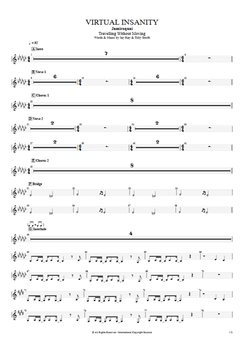 Virtual Insanity Jamiroquai guitar pro tab Flute Full Score mysongbook