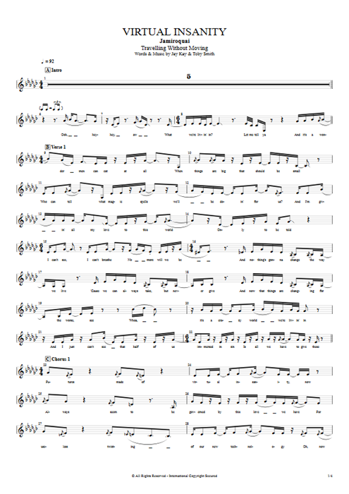Virtual Insanity Jamiroquai guitar pro tab Vocals Full Score mysongbook