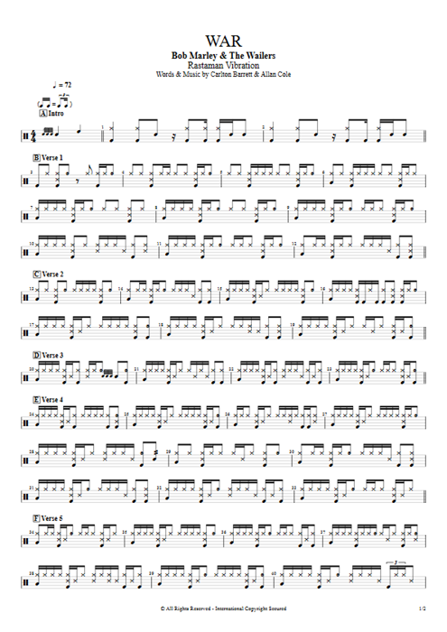 War Bob Marley guitar pro tab Drums Full Score mysongbook