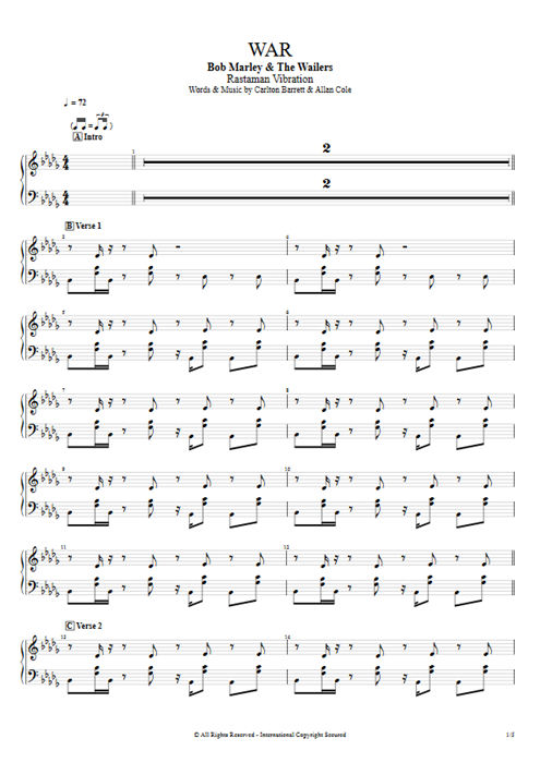 War Bob Marley guitar pro tab Clavinet Full Score mysongbook