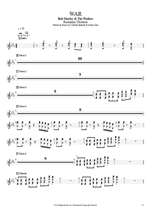 War Bob Marley guitar pro tab Horns Full Score mysongbook