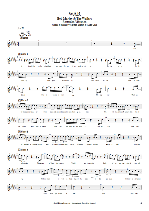 War Bob Marley guitar pro tab Vocals Guitar, Bass & Backing Track mysongbook