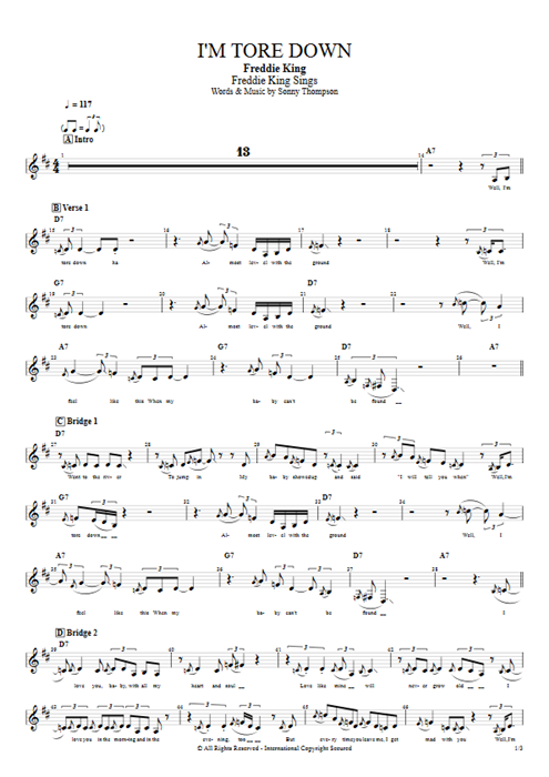 I'm Tore Down Freddie King guitar pro tab Vocals Full Score mysongbook