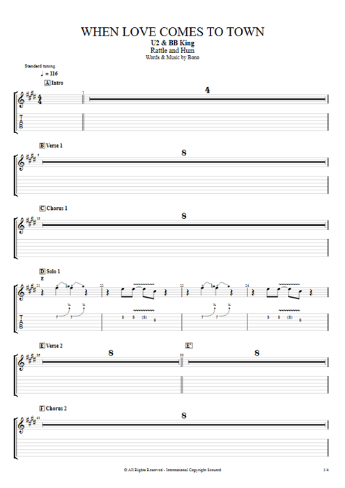 When Love Comes to Town U2 guitar pro tab EGuitarII Full Score mysongbook