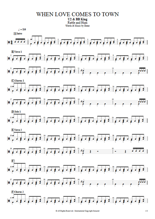 When Love Comes to Town U2 guitar pro tab Drums Full Score mysongbook