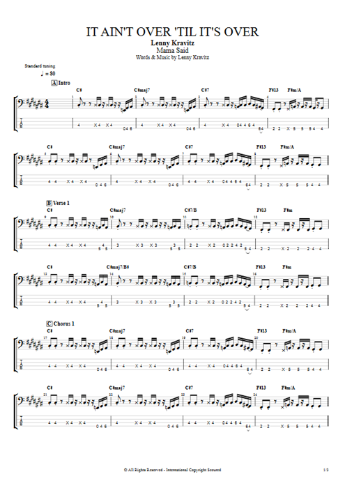 It Ain't Over 'Til it's Over Lenny Kravitz guitar pro tab EBass Full Score mysongbook