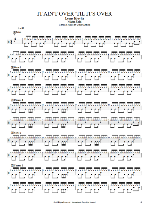 It Ain't Over 'Til it's Over Lenny Kravitz guitar pro tab Drums Full Score mysongbook