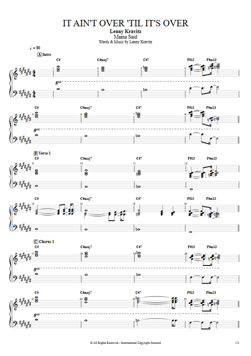 It Ain't Over 'Til it's Over Lenny Kravitz guitar pro tab EPiano Full Score mysongbook