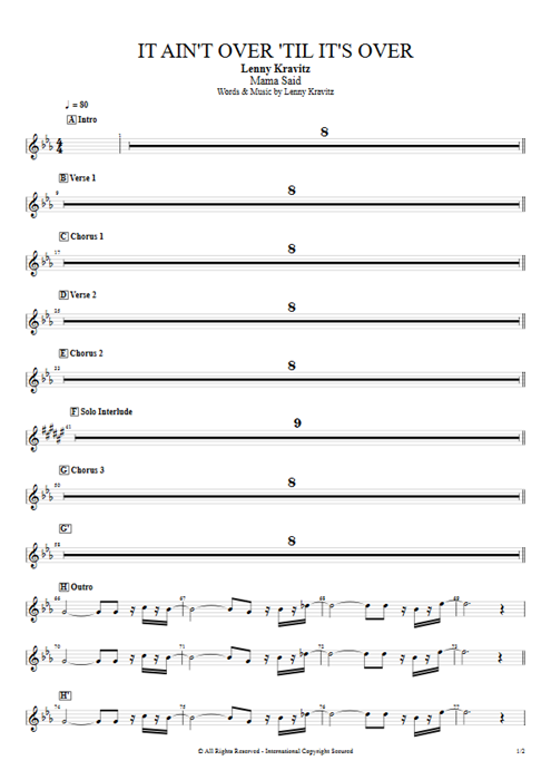 It Ain't Over 'Til it's Over Lenny Kravitz guitar pro tab Trumpet Full Score mysongbook