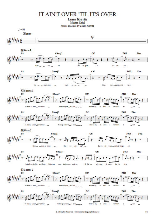 It Ain't Over 'Til it's Over Lenny Kravitz guitar pro tab Vocals Full Score mysongbook