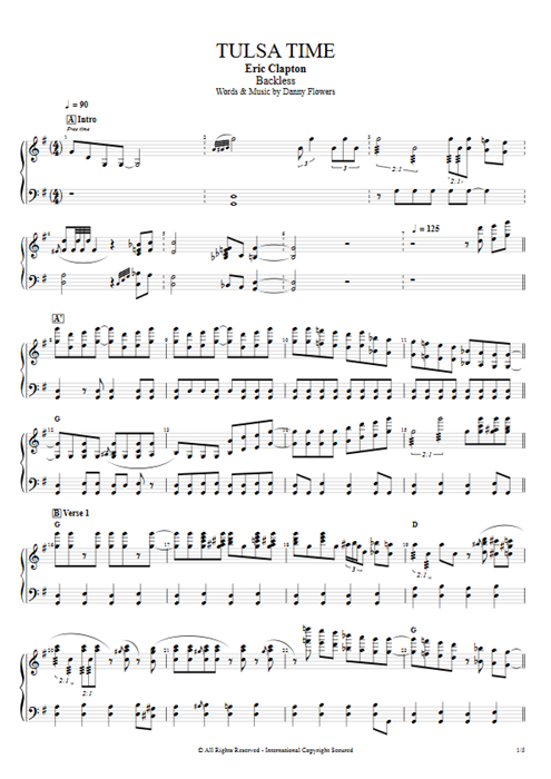 Tulsa Time Eric Clapton guitar pro tab Piano Full Score mysongbook