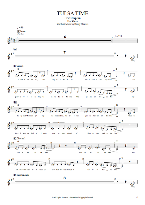 Tulsa Time Eric Clapton guitar pro tab Vocals Full Score mysongbook