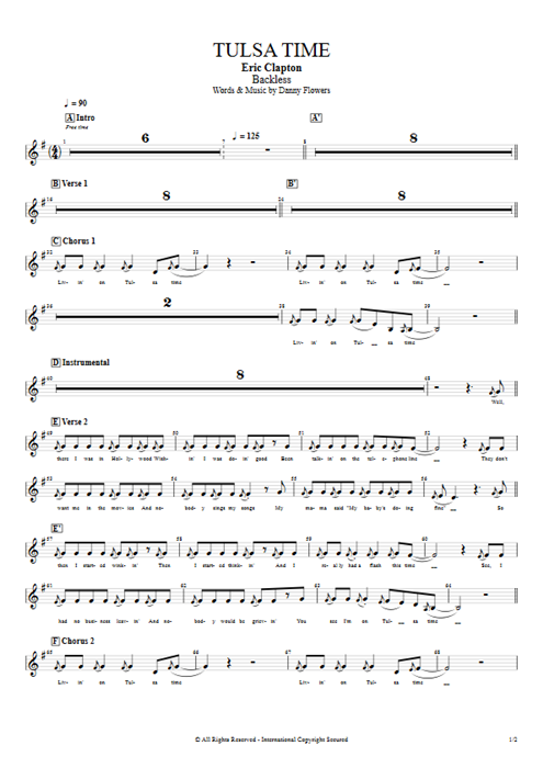 Tulsa Time Eric Clapton guitar pro tab BackVoc Full Score mysongbook