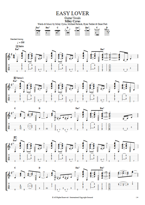 Easy Lover Miley Cyrus guitar pro tab AGuitar Guitare et voix mysongbook