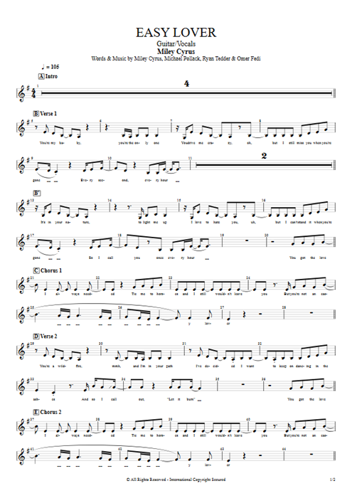 Easy Lover Miley Cyrus guitar pro tab Vocals Guitare et voix mysongbook