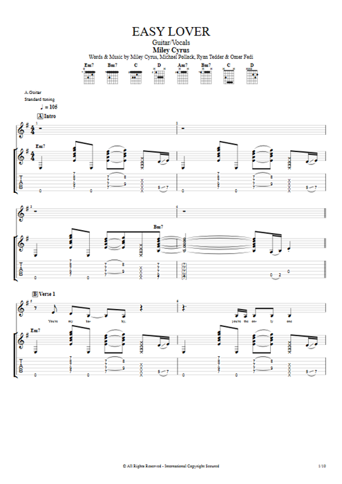 Easy Lover Miley Cyrus guitar pro tab Full Score Guitare et voix mysongbook
