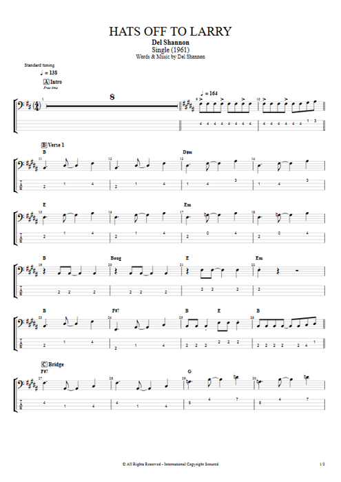 Hats off to Larry Del Shannon guitar pro tab Bass Full Score mysongbook