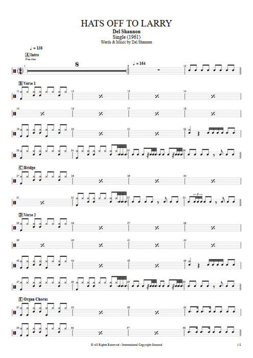 Hats off to Larry Del Shannon guitar pro tab Drums Full Score mysongbook