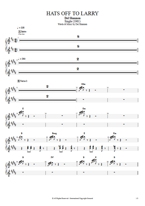 Hats off to Larry Del Shannon guitar pro tab Organ Full Score mysongbook