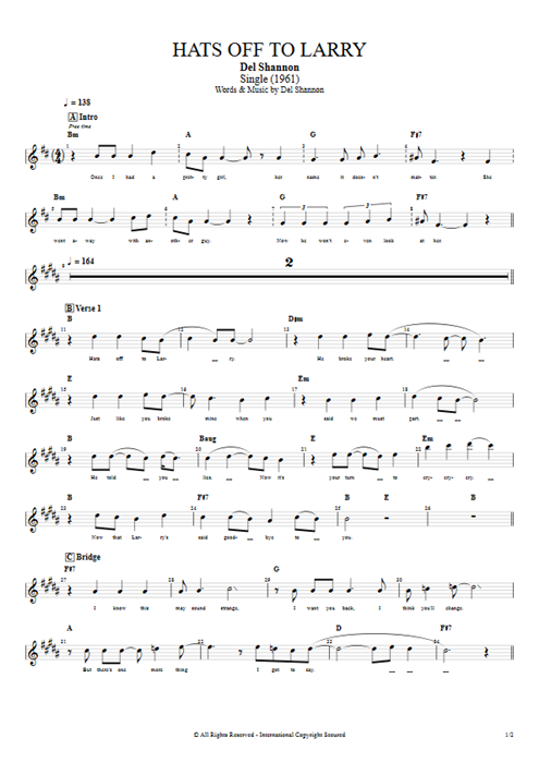Hats off to Larry Del Shannon guitar pro tab Vocals Full Score mysongbook