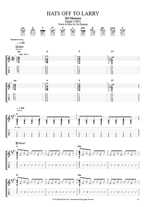 Hats off to Larry Del Shannon guitar pro tab EGuitar Guitare, basse et piste d'accompagnement mysongbook