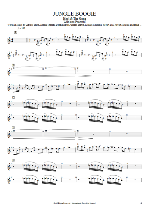 Jungle Boogie Kool & the Gang guitar pro tab TrumpetI Full Score mysongbook