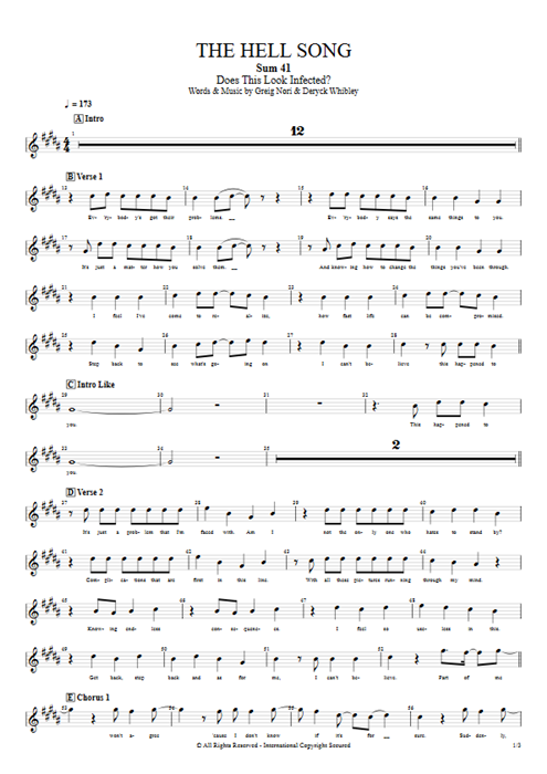 The Hell Song Sum 41 guitar pro tab VocalsI Full Score mysongbook