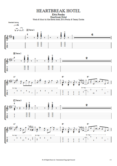 Heartbreak Hotel Elvis Presley guitar pro tab EGuitar Full Score mysongbook