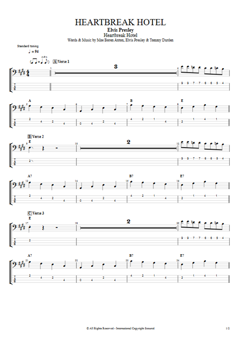 Heartbreak Hotel Elvis Presley guitar pro tab Bass Full Score mysongbook