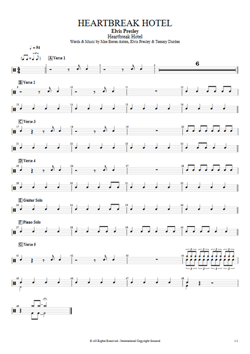 Heartbreak Hotel Elvis Presley guitar pro tab Drums Full Score mysongbook