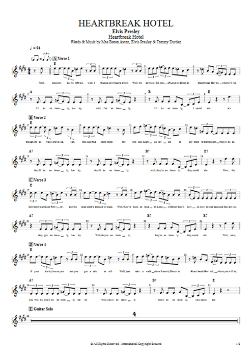 Heartbreak Hotel Elvis Presley guitar pro tab Vocals Full Score mysongbook