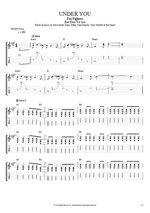 Under You Foo Fighters guitar pro tab EGuitarII Full Score mysongbook