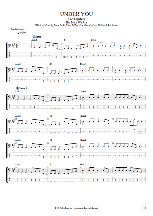 Under You Foo Fighters guitar pro tab EBass Full Score mysongbook