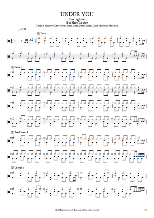 Under You Foo Fighters guitar pro tab Drums Full Score mysongbook