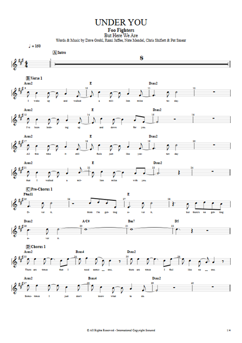 Under You Foo Fighters guitar pro tab Vocals Full Score mysongbook