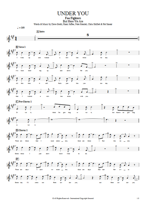 Under You Foo Fighters guitar pro tab BackVoc Full Score mysongbook