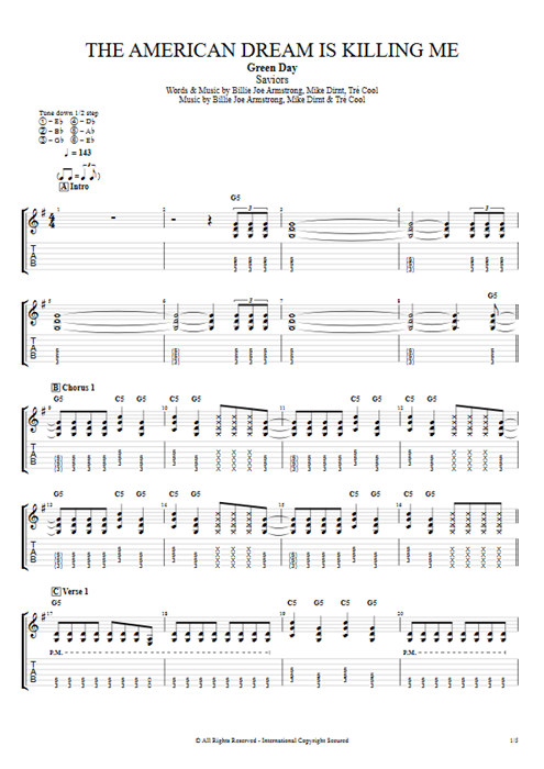 The American Dream Is Killing Me Green Day guitar pro tab EGuitarII Full Score mysongbook