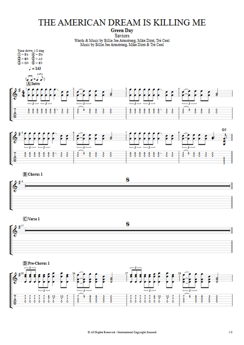 The American Dream Is Killing Me Green Day guitar pro tab EGuitarIII Full Score mysongbook
