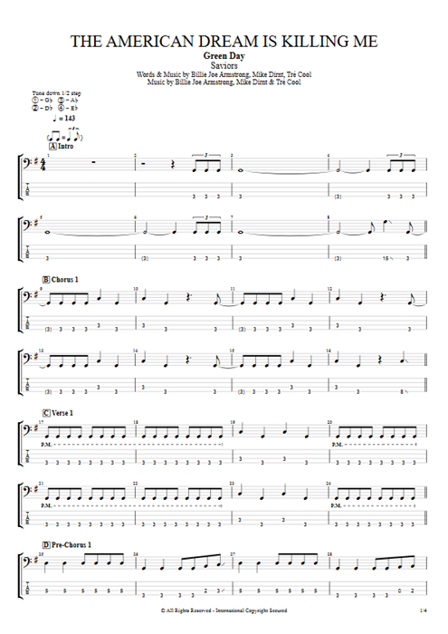 The American Dream Is Killing Me Green Day guitar pro tab EBass Full Score mysongbook