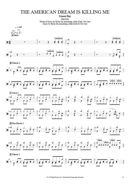 The American Dream Is Killing Me Green Day guitar pro tab Drums Full Score mysongbook