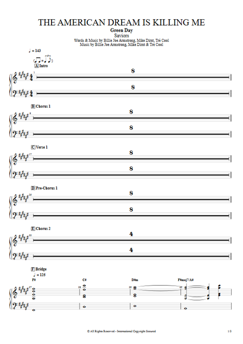 The American Dream Is Killing Me Green Day guitar pro tab Strings Full Score mysongbook