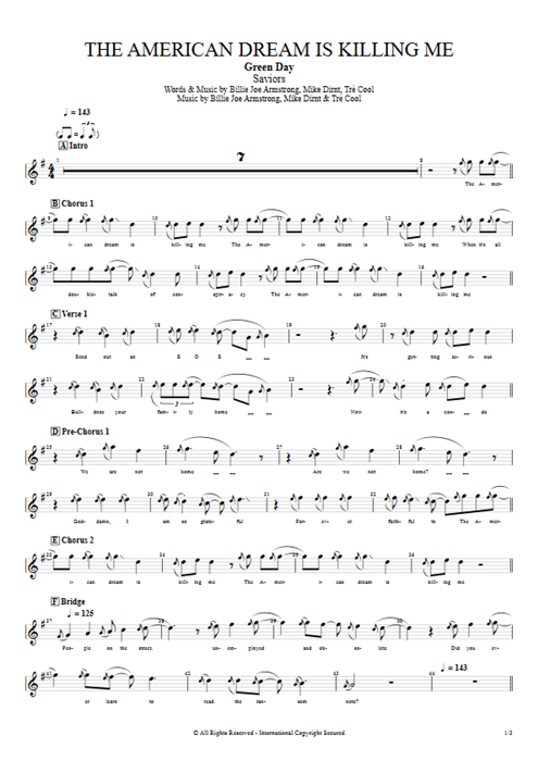 The American Dream Is Killing Me Green Day guitar pro tab Vocals Full Score mysongbook