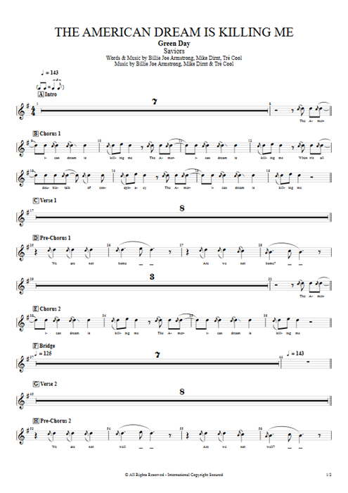 The American Dream Is Killing Me Green Day guitar pro tab BackVoc Full Score mysongbook