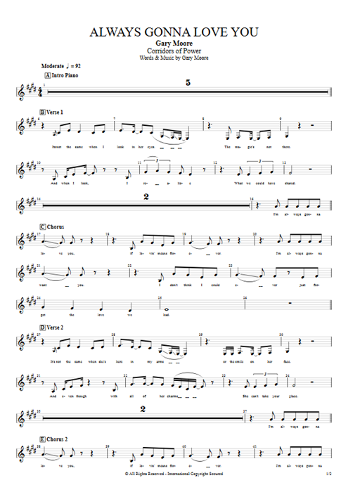 Always Gonna Love You Gary Moore guitar pro tab Vocals Rhythm Guitars mysongbook