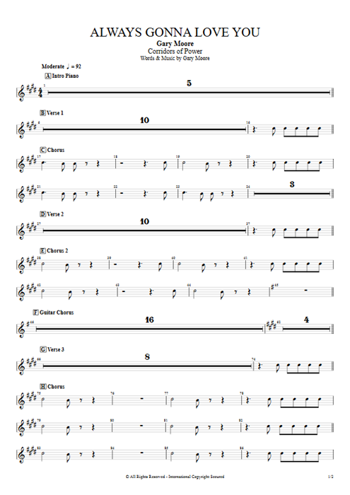 Always Gonna Love You Gary Moore guitar pro tab BackVoc Lead Guitar mysongbook
