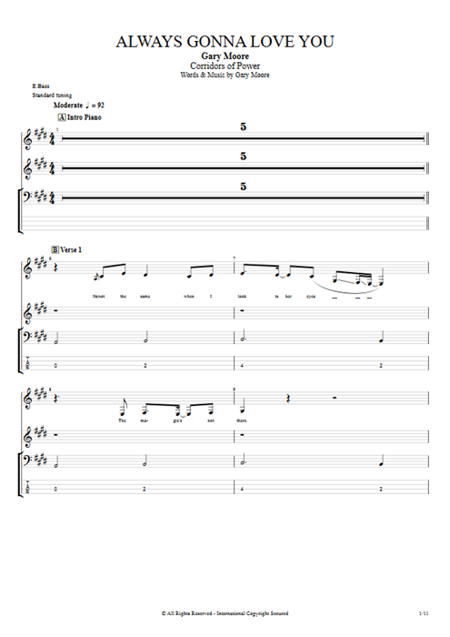 Always Gonna Love You Gary Moore guitar pro tab Full Score Bass mysongbook