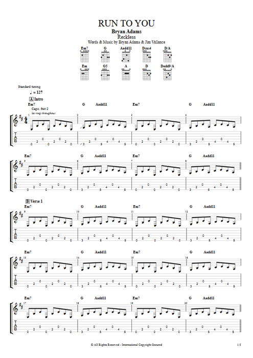Run to You Bryan Adams guitar pro tab EGuitarI Rhythm Guitars mysongbook